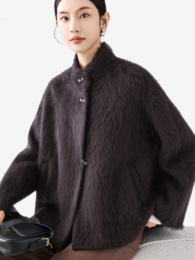 LANLY Fuzzy Wool Cashmere Short Coat - Australian Merino Wool Silk Blend Ultra Soft Stand Collar Asymmetric Toggle Jacket