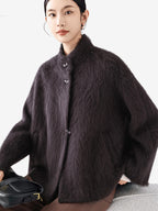 LANLY Fuzzy Wool Cashmere Short Coat - Australian Merino Wool Silk Blend Ultra Soft Stand Collar Asymmetric Toggle Jacket
