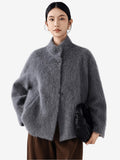 LANLY Fuzzy Wool Cashmere Short Coat - Australian Merino Wool Silk Blend Ultra Soft Stand Collar Asymmetric Toggle Jacket