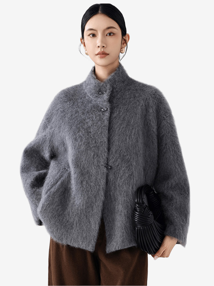 LANLY Fuzzy Wool Cashmere Short Coat - Australian Merino Wool Silk Blend Ultra Soft Stand Collar Asymmetric Toggle Jacket