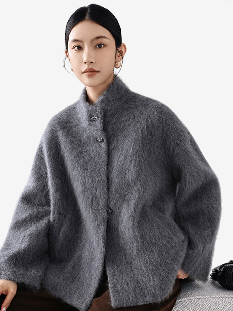 LANLY Fuzzy Wool Cashmere Short Coat - Australian Merino Wool Silk Blend Ultra Soft Stand Collar Asymmetric Toggle Jacket