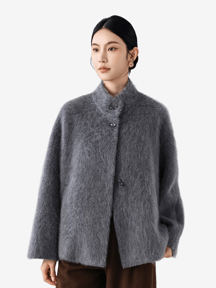 LANLY Fuzzy Wool Cashmere Short Coat - Australian Merino Wool Silk Blend Ultra Soft Stand Collar Asymmetric Toggle Jacket