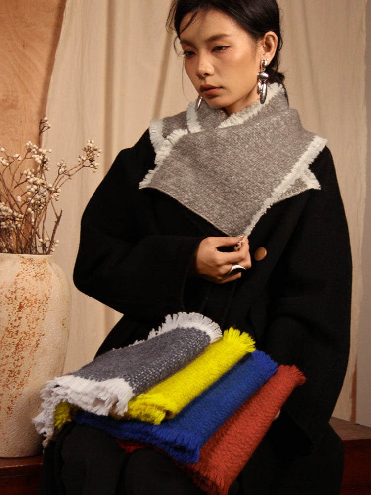 LANLY Yak Wool Short Scarf - Textured Bouclé Neck Warmer with Decorative Safety Pin Accent & Fringed Edge