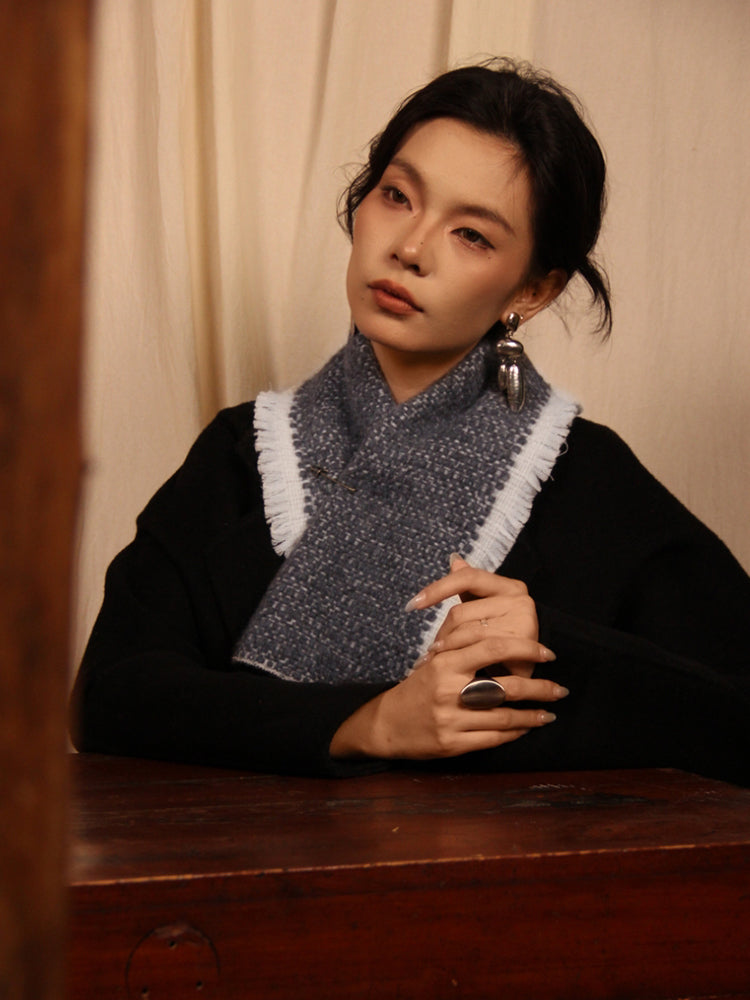 LANLY Yak Wool Short Scarf - Textured Bouclé Neck Warmer with Decorative Safety Pin Accent & Fringed Edge
