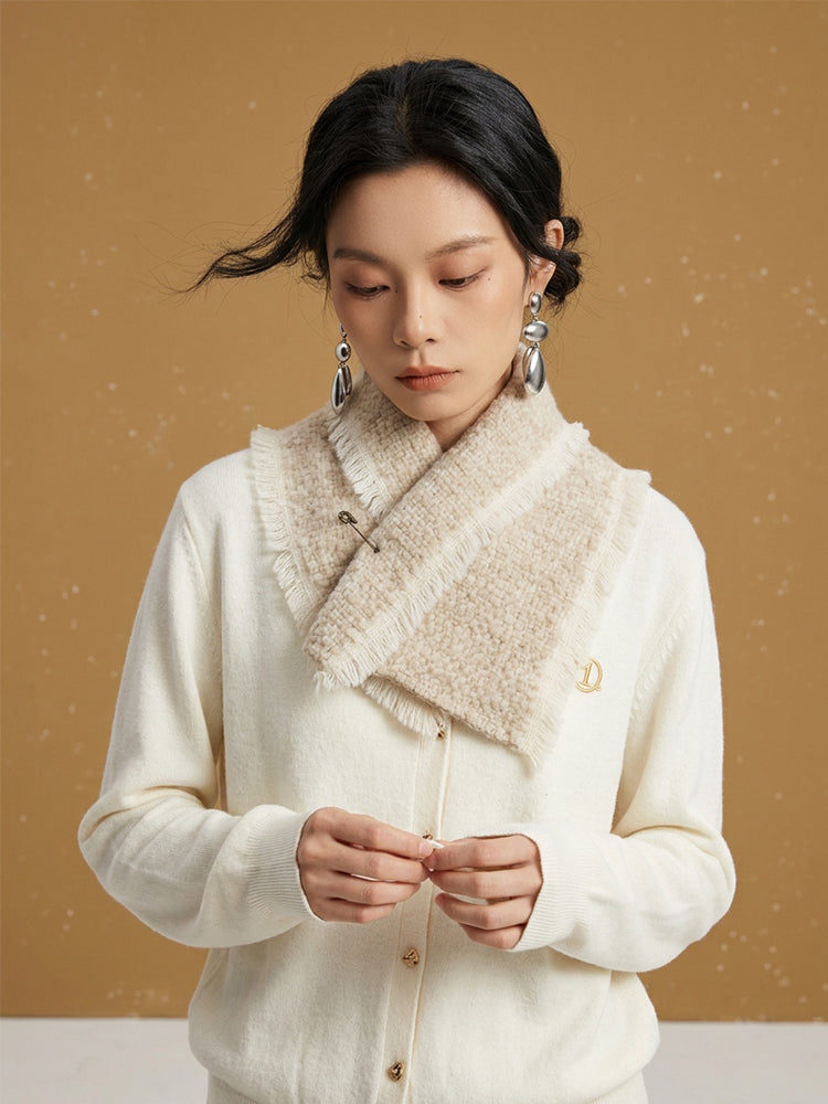 LANLY Yak Wool Short Scarf - Textured Bouclé Neck Warmer with Decorative Safety Pin Accent & Fringed Edge