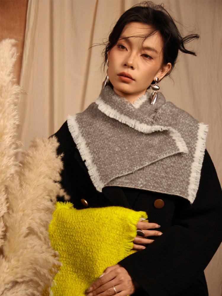 LANLY Yak Wool Short Scarf - Textured Bouclé Neck Warmer with Decorative Safety Pin Accent & Fringed Edge