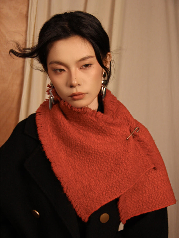LANLY Yak Wool Short Scarf - Textured Bouclé Neck Warmer with Decorative Safety Pin Accent & Fringed Edge