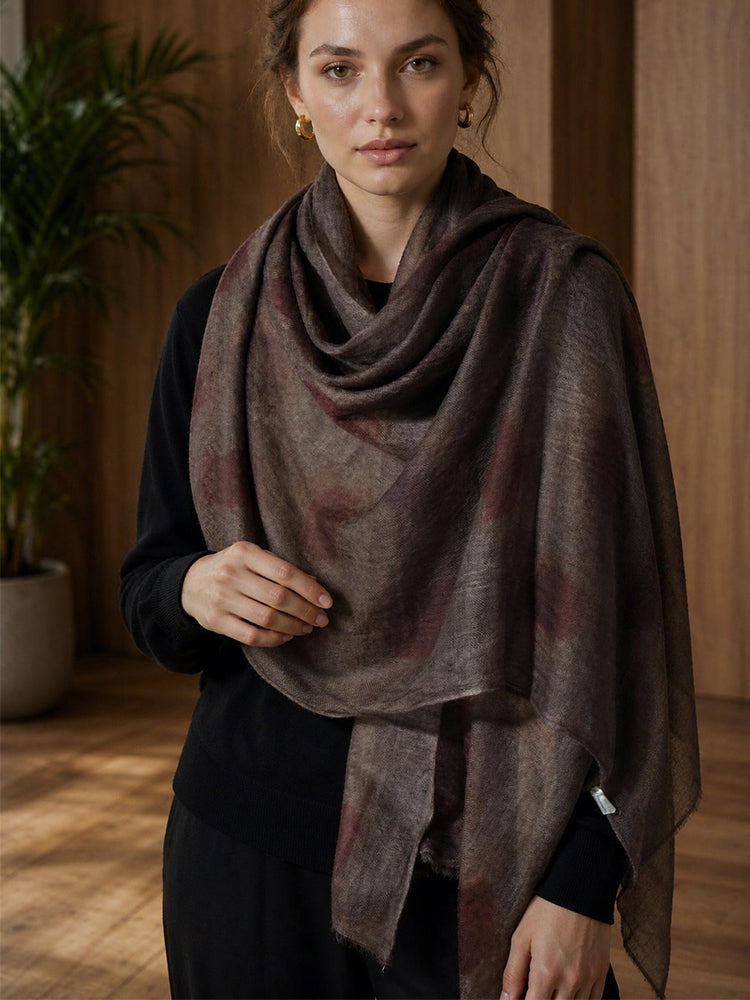 Lanly Hand Painted Cashmere Shawl - 100% Inner Mongolian Lightweight Ultra-Sheer Ink Wash Scarf