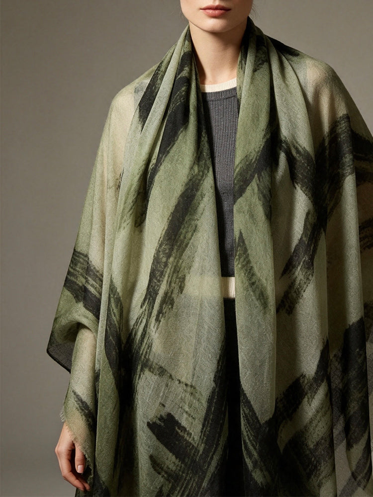 Lanly Hand Painted Cashmere Shawl - 100% Inner Mongolian Lightweight Ultra-Sheer Ink Wash Scarf