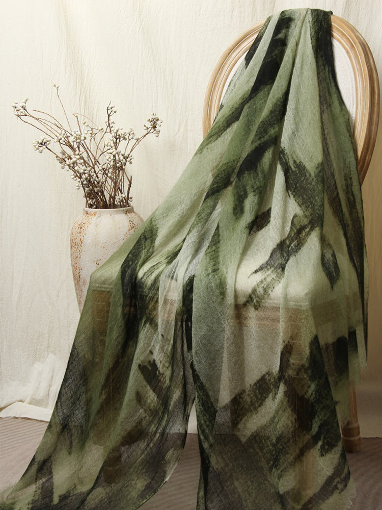 Lanly Hand Painted Cashmere Shawl - 100% Inner Mongolian Lightweight Ultra-Sheer Ink Wash Scarf