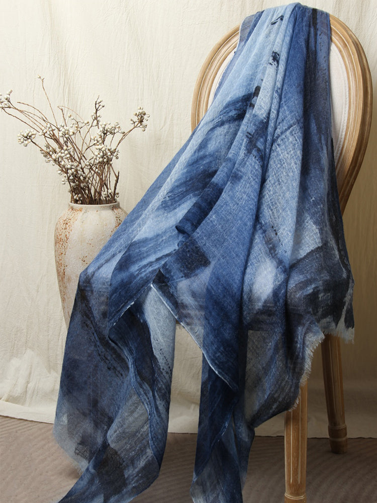 Lanly Hand Painted Cashmere Shawl - 100% Inner Mongolian Lightweight Ultra-Sheer Ink Wash Scarf