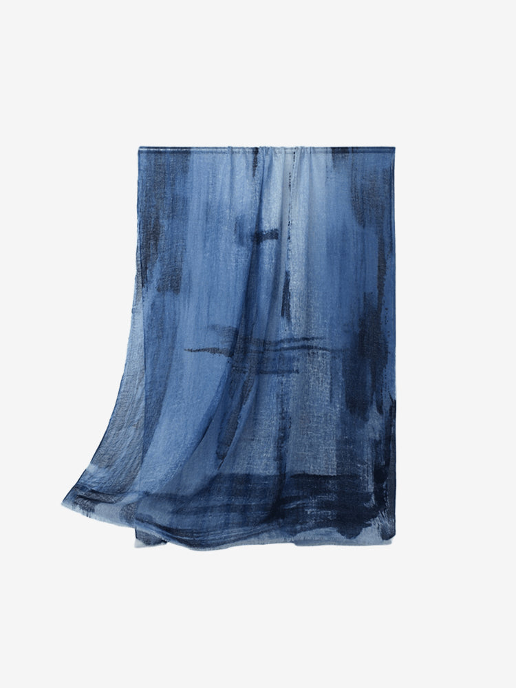 Lanly Hand Painted Cashmere Shawl - 100% Inner Mongolian Lightweight Ultra-Sheer Ink Wash Scarf