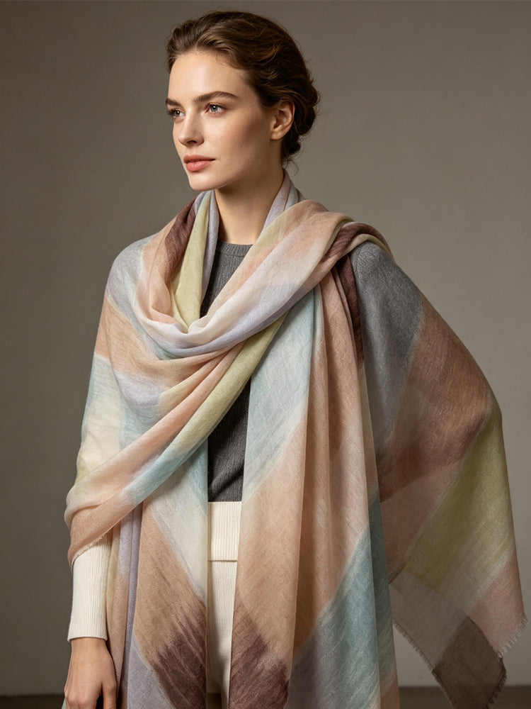 Lanly Hand Painted Cashmere Shawl - 100% Inner Mongolian Lightweight Ultra-Sheer Ink Wash Scarf