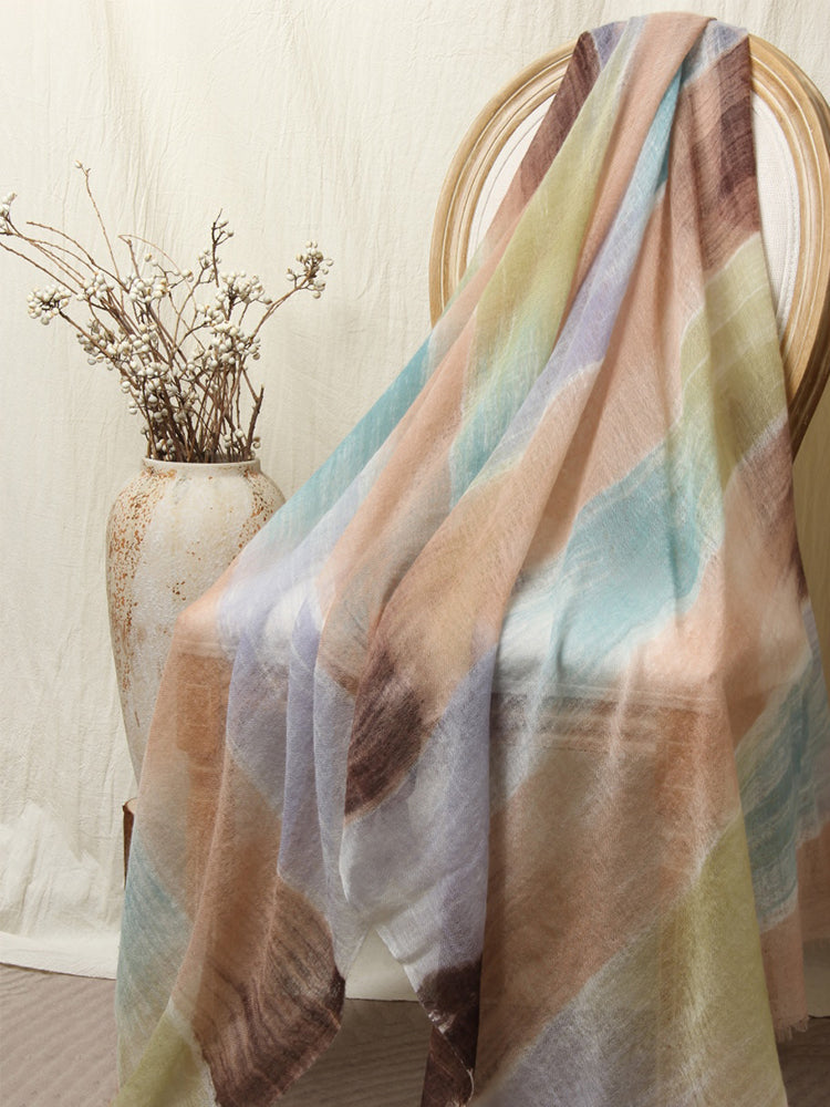 Lanly Hand Painted Cashmere Shawl - 100% Inner Mongolian Lightweight Ultra-Sheer Ink Wash Scarf