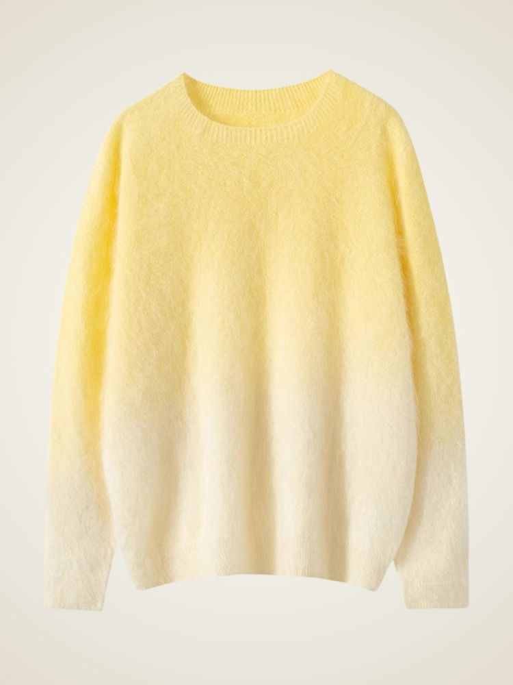 LanlyCashmere Brushed Cashmere Sweater – Ombre Crewneck Fuzzy Knit Pullover